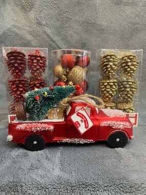 Set of 3 NIB Holiday Time Red & Gold Ornaments Sets and 1 NWT Red Truck Ornament